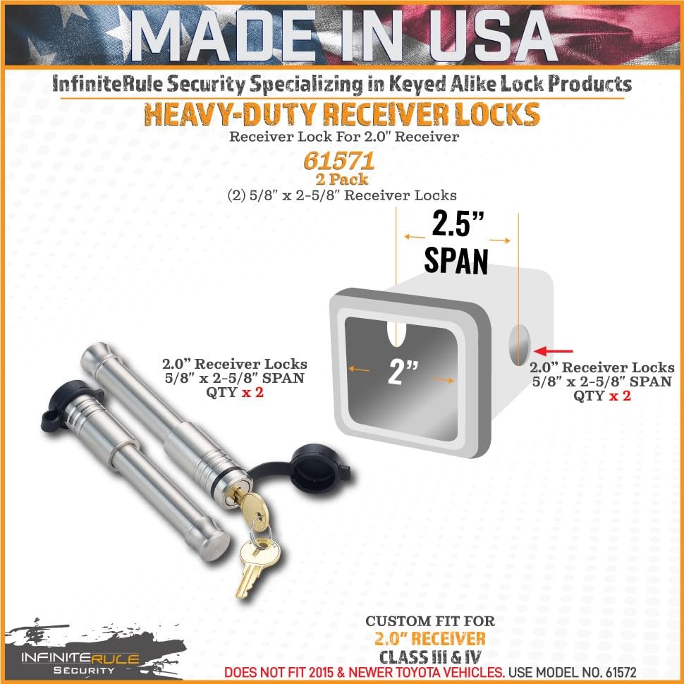 InfiniteRule Security 61571 Receiver Hitch Lock Set (2-Pack) - Keyed Alike, 2" 