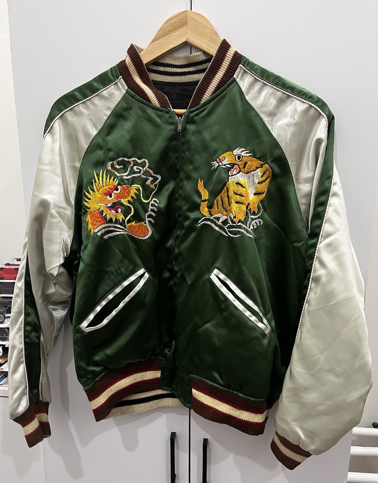 Distressed Tiger Dragon Embroidered Reversible  Sukajan Jacket Ykk Zipper