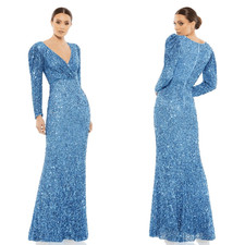 Mac Duggal Puff Shoulder Sequined Surplice Dress Gown French Blue Size 4 Formal