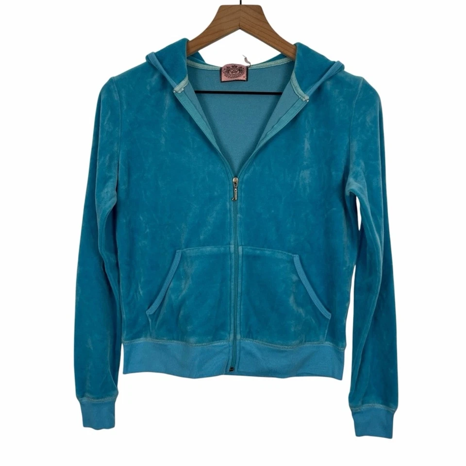 Chaqueta deportiva de terciopelo azul con logotipo bordado vintage Y2K JUICY COUTURE para mujer pequeña Foto 2 de 4