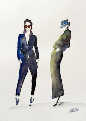Illustration of 2 fashion models Original sketch of a modern woman watercolor A4