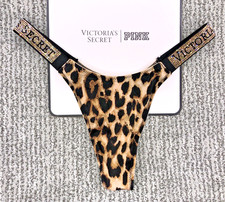 Victorias Secret Very Sexy NWT XL Leopard Print Spellout Shine Strap Thong Panty