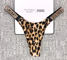 Victoria's Secret NWT Medium Leopard Print Spellout Shine Strap Thong Panty Sexy