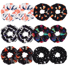 12PCS Halloween Hair ScrunchiesPumpkin Skull Ghosts Bat Star Moon Witch Hat Cand
