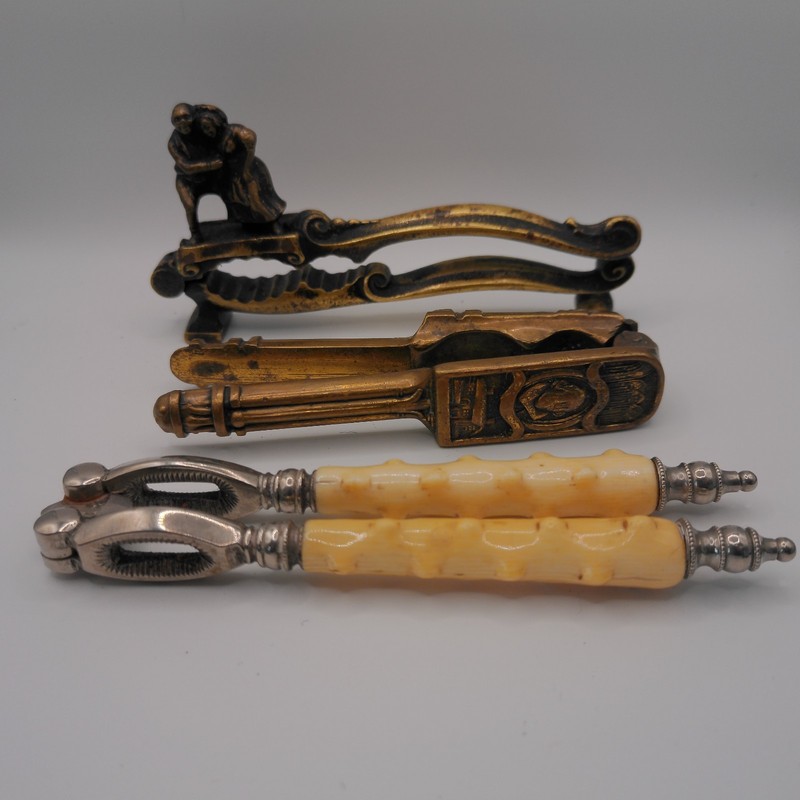 Vintage Brass Nutcrackers, 3 piece set, Man, Couple, Horn Handle