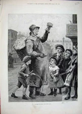 Original Old Antique Print 1881 Fine Art Man Selling Flowers Children Playing