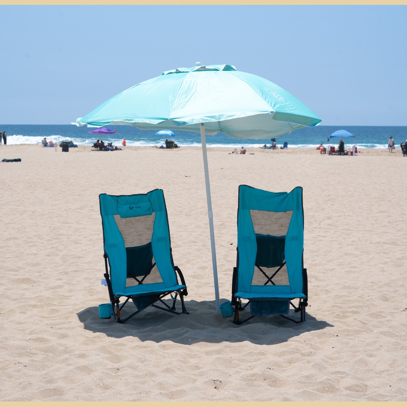2PC Low Sitting 20° Reclinable Folding Beach Chair w/ Headrest Foam Armrest Blue