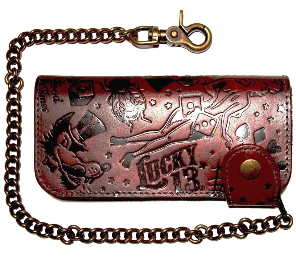 Cartera de cadena LUCKY 13 High Roller cuero genuino en relieve de 7" envejecida NUEVA Foto 3 de 3