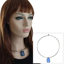 Large Blue Rhinestone Pendant 1 1/8" + Gun Metal Collar Choker Necklace 16"