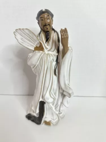 9" Chinese White Porcelain Pottery Famous Zhuge Liang Kong Ming Hold Fan Statue