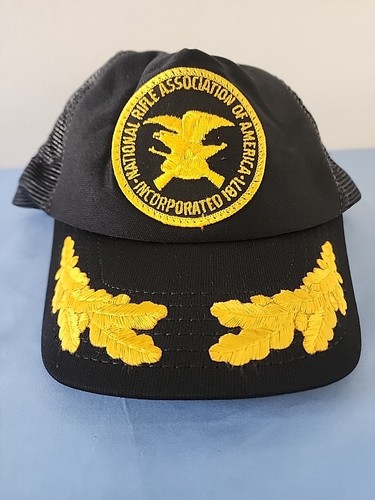 Vtg NRA Trucker Hat Black Mesh Snapback Cap Patch Gold Leaf Made in USA
