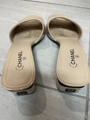 Authentic Chanel Patent Leather Tan Nude CC Logo Block Heel Mules