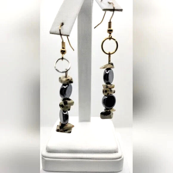 Boho Leopard Stone Bead Dangle Earrings Neutral E… - image 2