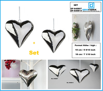 2x Formano decorative hearts for hanging, silver look, stainless steel,