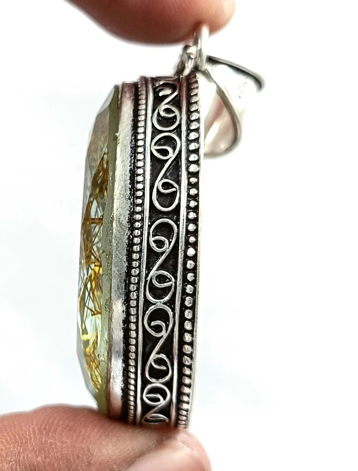 IGL 94.740Ct Amarillo Cuarzo Rutilado Corte Ovalado 925 Plata Sólida Colgante Gemas 5MSA Foto 3 de 4