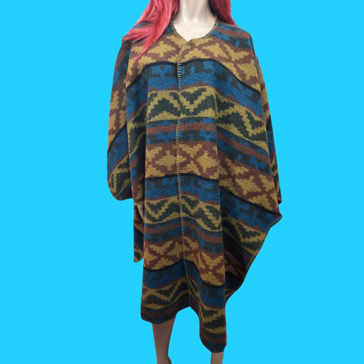 Vintage 90s Wool Blanket Coat Wrap Poncho Southwestern Aztec One