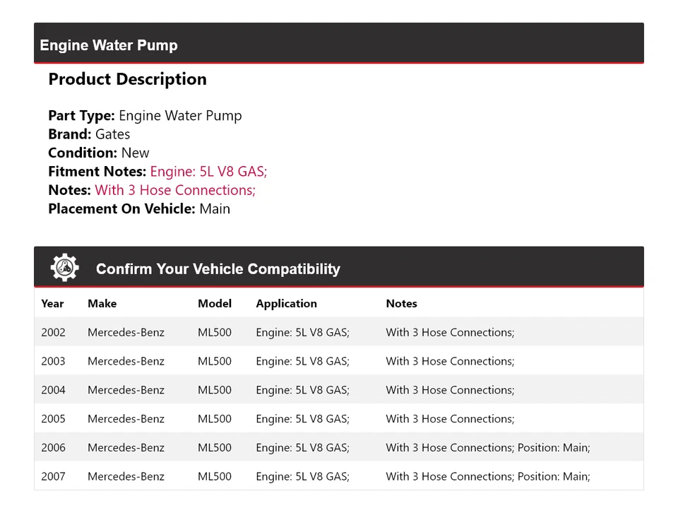 Para 2002-2007 Mercedes-Benz ML500 5L V8 motor gasolina bomba de água portões 2003 2004 - Imagem 2 de 4