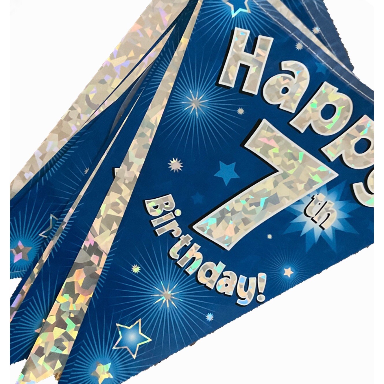 7th birthday blue & silver themed party bunting flags. 7th birthday