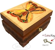Butterfly Chest Box Handmade Wood Keepsake Jewelry Box w/Lock & Key from Poland