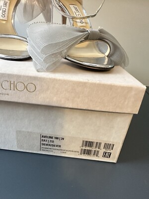 Jimmy Choo Aveline 100 High Heel Bow Ankle Strap Open Toe Silver
