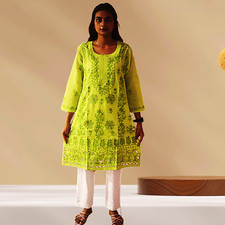 Women Net Embroidery Cotton Straight Kurti Machine Chikan Work Kurta Semi sheer