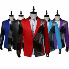 Mens Sequin One Button Notch Lapel Suit Jacket Stage Coat Costume Show Party