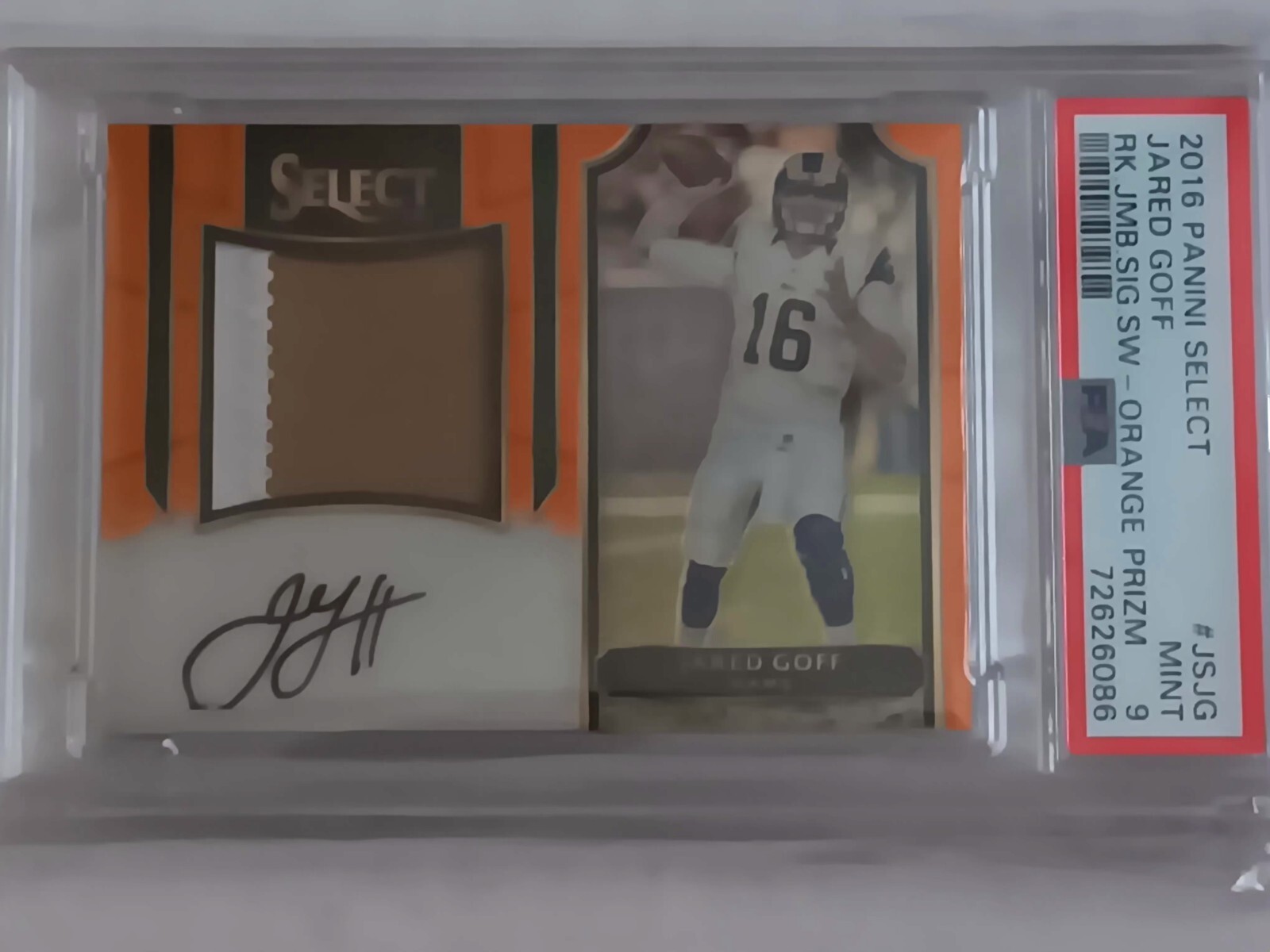 Jared Goff Panini Select Rookie Jumbo Signature Swatch #JSJG Orange Prizm