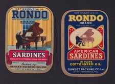2 Ancienne étiquette de boîte de Sardine Etats Unis BN153342 Pianiste Piano