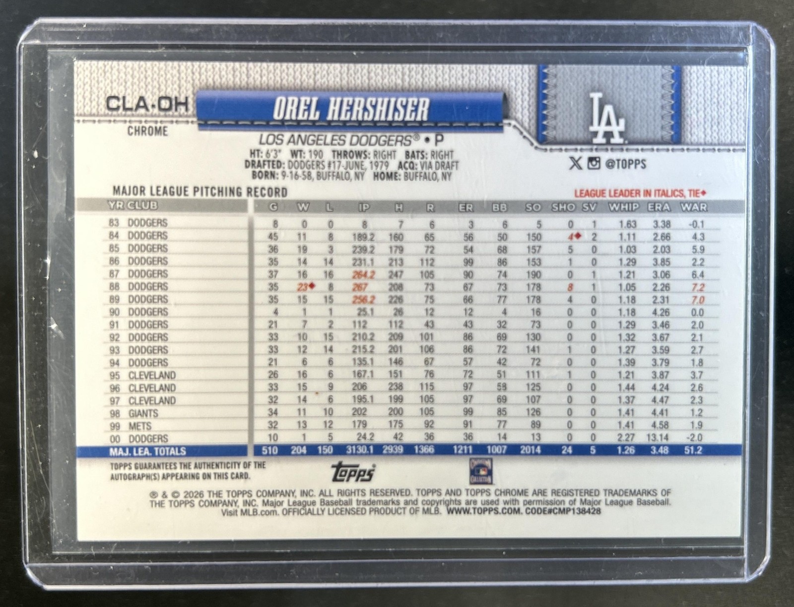 2026 Topps Chrome Orel Hershiser Legend Auto Gold Refractor SSP #/50 Dodgers view 2