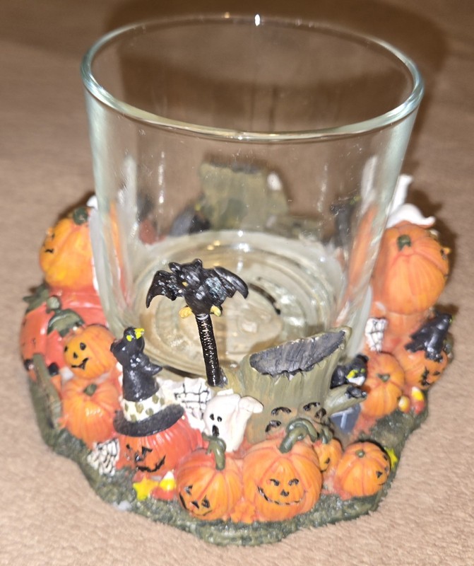 Happy Halloween Haunting Candle Holder Resin Pumpkins Cat White Barn Co? Yankee?