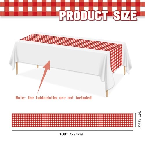 Pack Gingham Table Runner and White Checkered Tablecloths 14 x 14 x 108" 6 Red