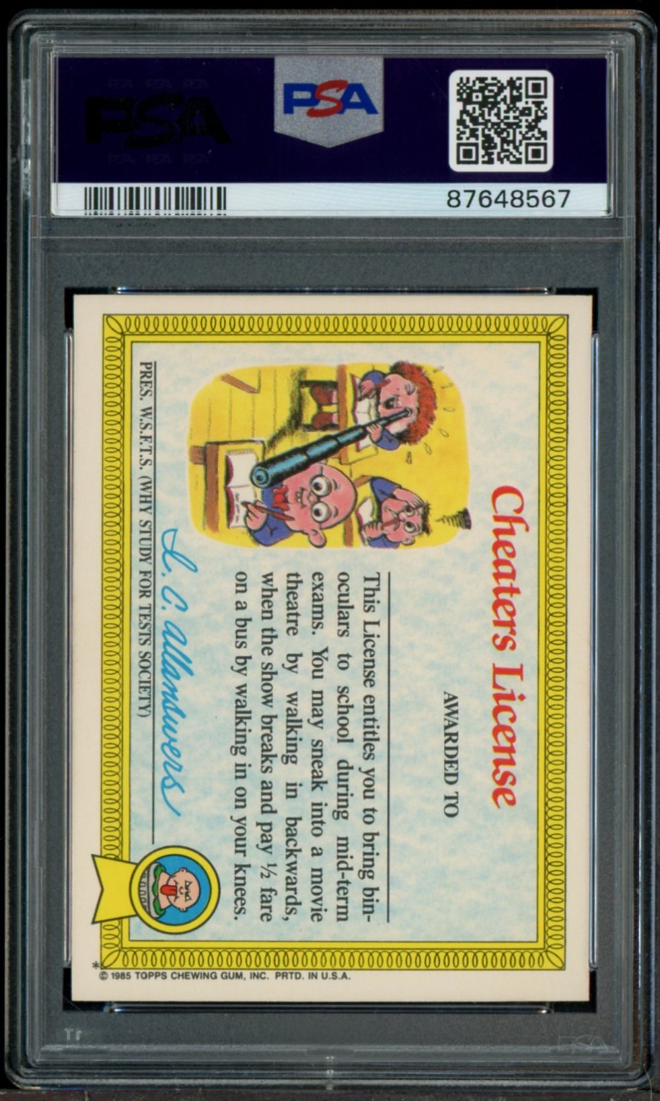 1985 Garbage Pail Kids Stickers #8a Adam Bomb PSA 8 NM-MT view 2