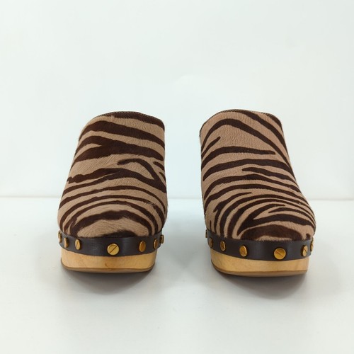 Veronica Beard Women 7 Grita Clogs Brown Tiger Calf Hair Mules Studded Platform - Picture 4 of 9