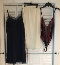 3 Piece Lingerie Lot-Teddy Bodysuit, Navy Blue Full slip nighty, Cream long slip