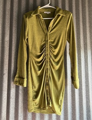 MABLE Women s Green Ruched Button-Down Collared Long Sleeve Shirt Dress 