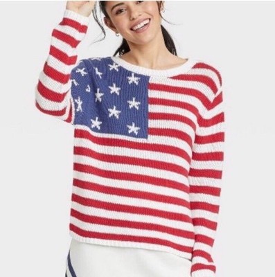 Grayson Threads Red White Blue Flag Patriotic Open Knit Sweater Beachy July 4
