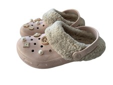 Crocs Classic Faux Fur Lined Pink Comfort Clogs Preppy Pearl Jibbitz Kid Girl