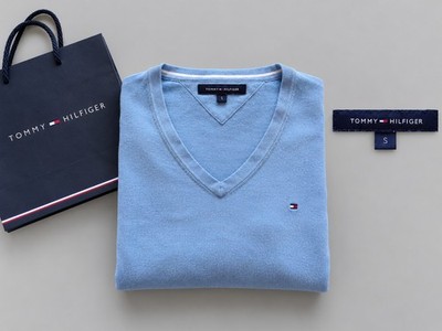 Tommy Hilfiger Damen Pullover S Pulli Baumwolle/Nylon hellblau V Logo