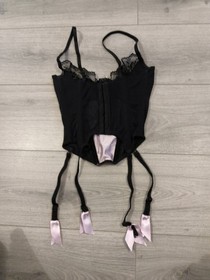Ann Summers Black & Light Pink Satin Lace & Mesh Suspender Basque Size 36B