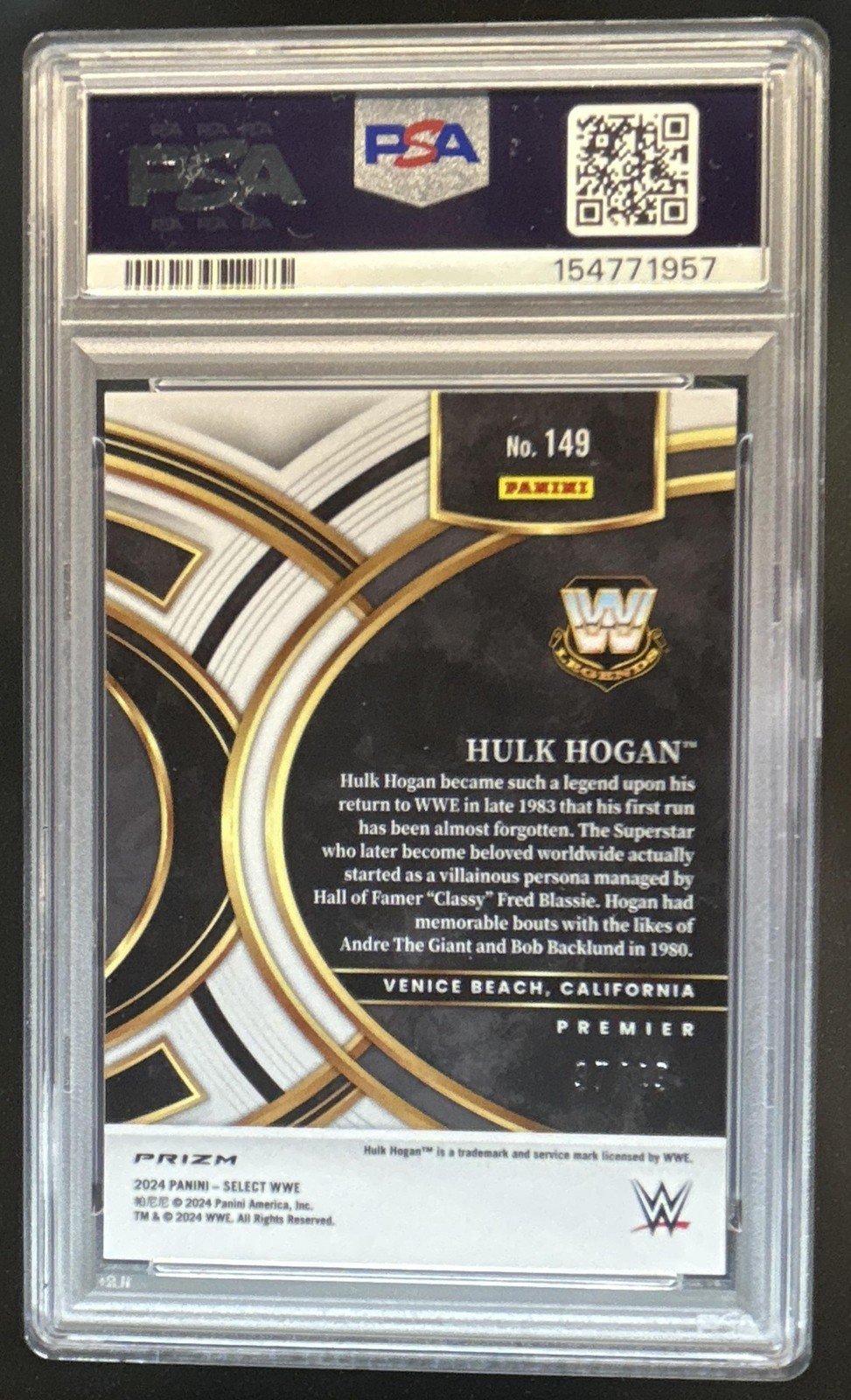 2024 Panini Select WWE Hulk Hogan Blue Wave Prizm Premier Level #/49 PSA 10 view 2