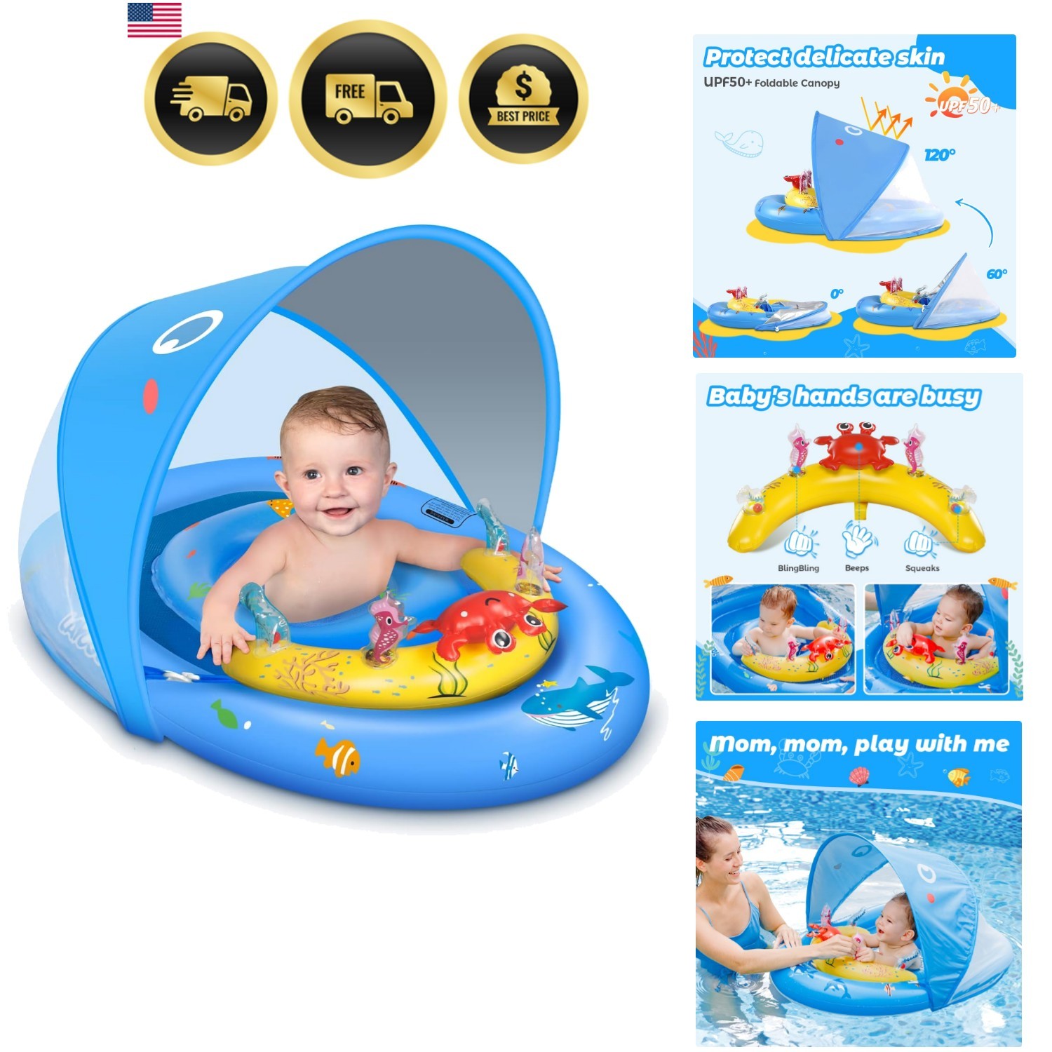 Flotador Piscina Bebé con Toldo Ajustable 120° + Protección Solar y Animales Oceánicos...