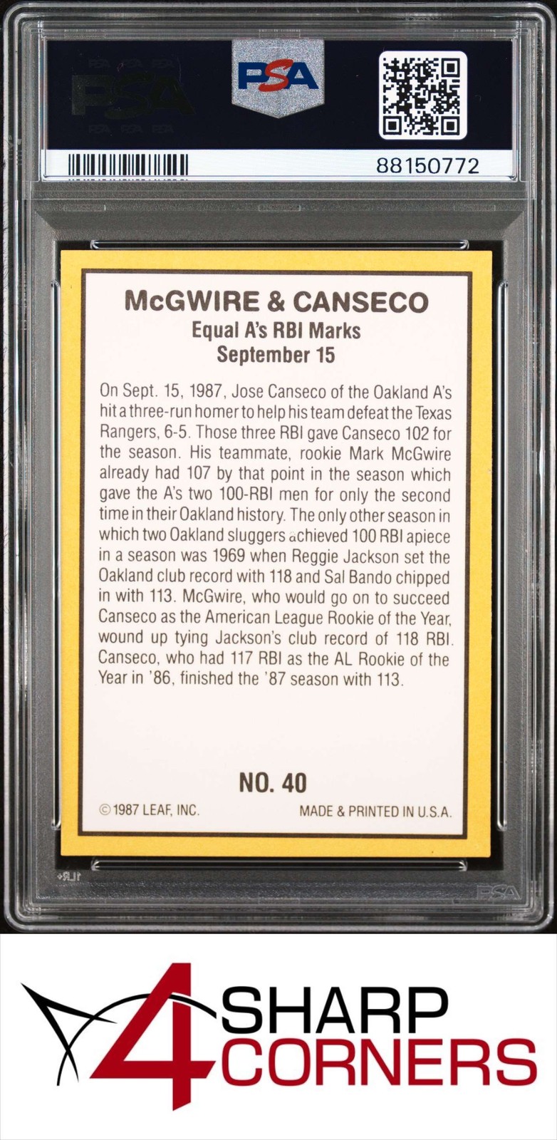 1987 DONRUSS HIGHLIGHTS #40 JOSE CANSECO-MARK McGWIRE PSA 10 view 2