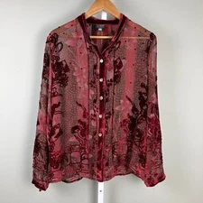 Citron Santa Monica Sheer Velvet Floral Blouse Top Long Sleeve Burgundy Womens L