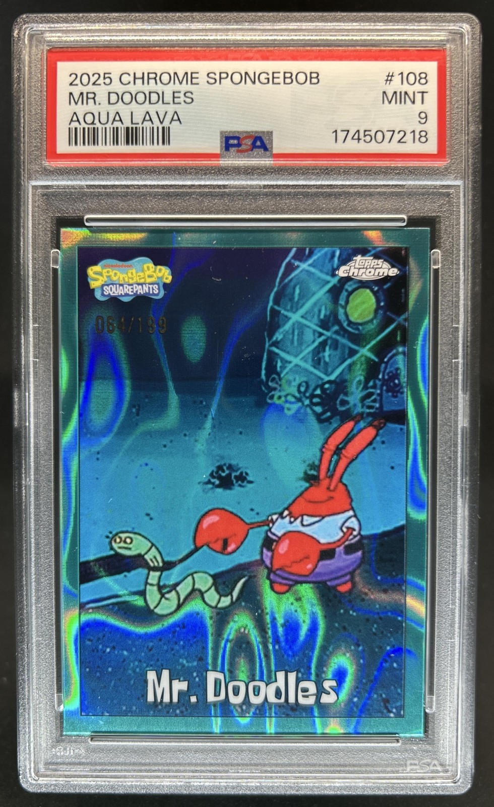 2025 Topps Chrome SpongeBob Mr. Doodles Aqua Lava Refractor #/199 PSA 9 view 1