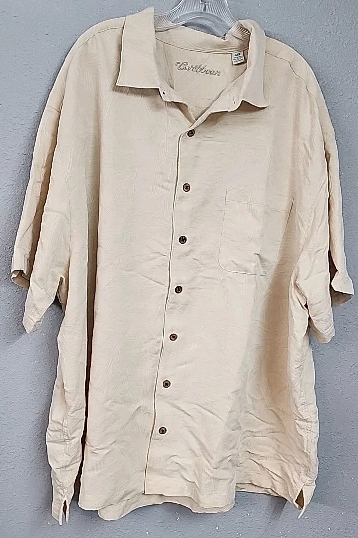 CARIBBEAN Cream Ivory Hawaiian Short Sleeve Button Down Shirt Mens 4XB