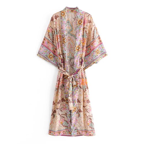 Happie Queens Green Peacock Print Bat Sleeve Kimono Robe v Neck Cover-Ups - Picture 13 of 17