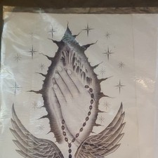 Tattoo Flash Design Sheet Praying Hands w/ Rosary Beads  Wings