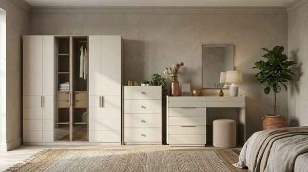 Schlafzimmer Set Beige Modern Luxus Schrank Schminktisch Kommode-image