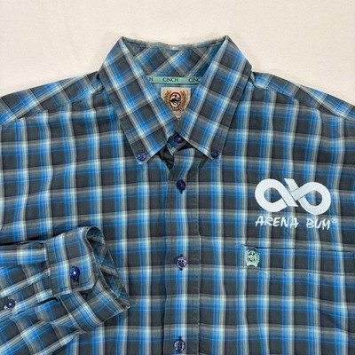 Cinch Arena Bum Mens Large Blue Plaid Western Long Sleeve Button Down Shirt
