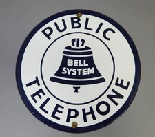 Vintage Bell System Public Telephone Round Porcelain Sign 9"